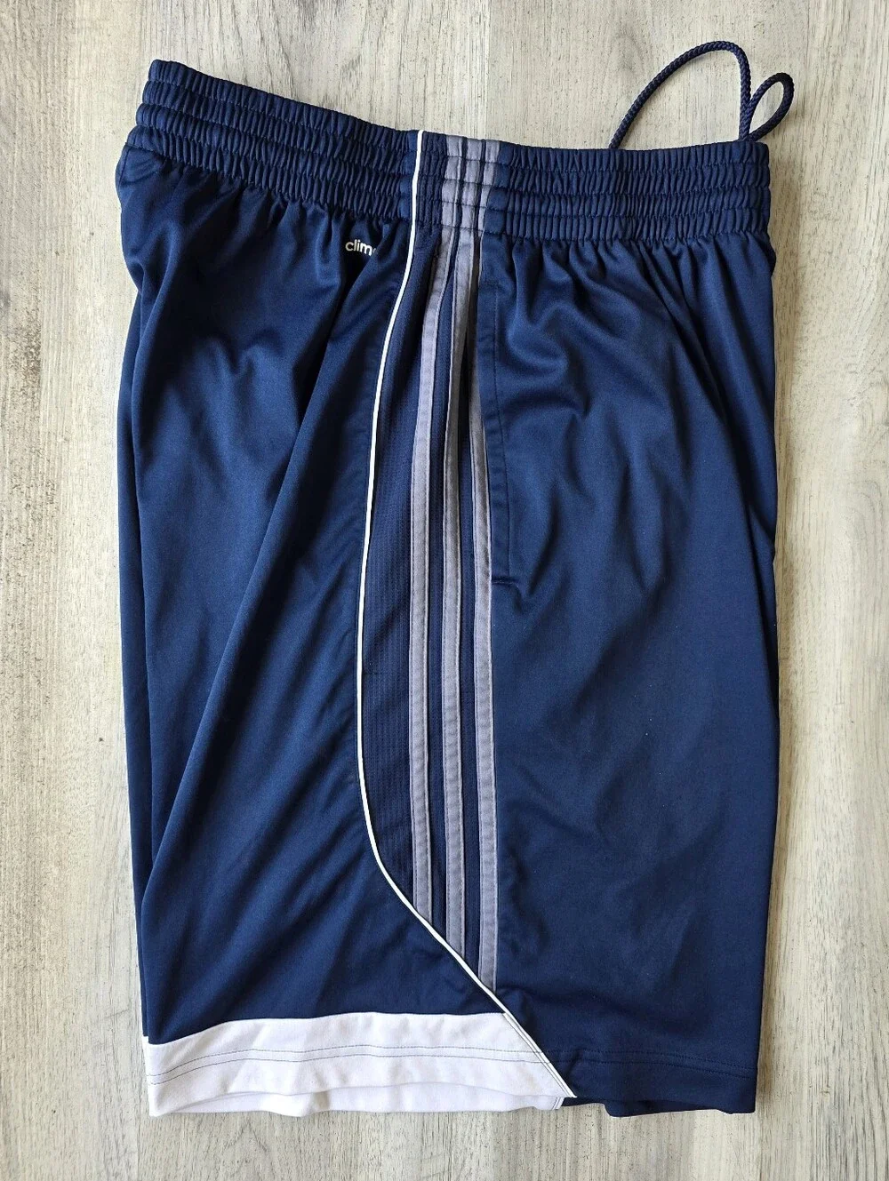 Adidas ClimaLite Mens Athletic Shorts Large Navy Blue 3 Stripe Drawstring